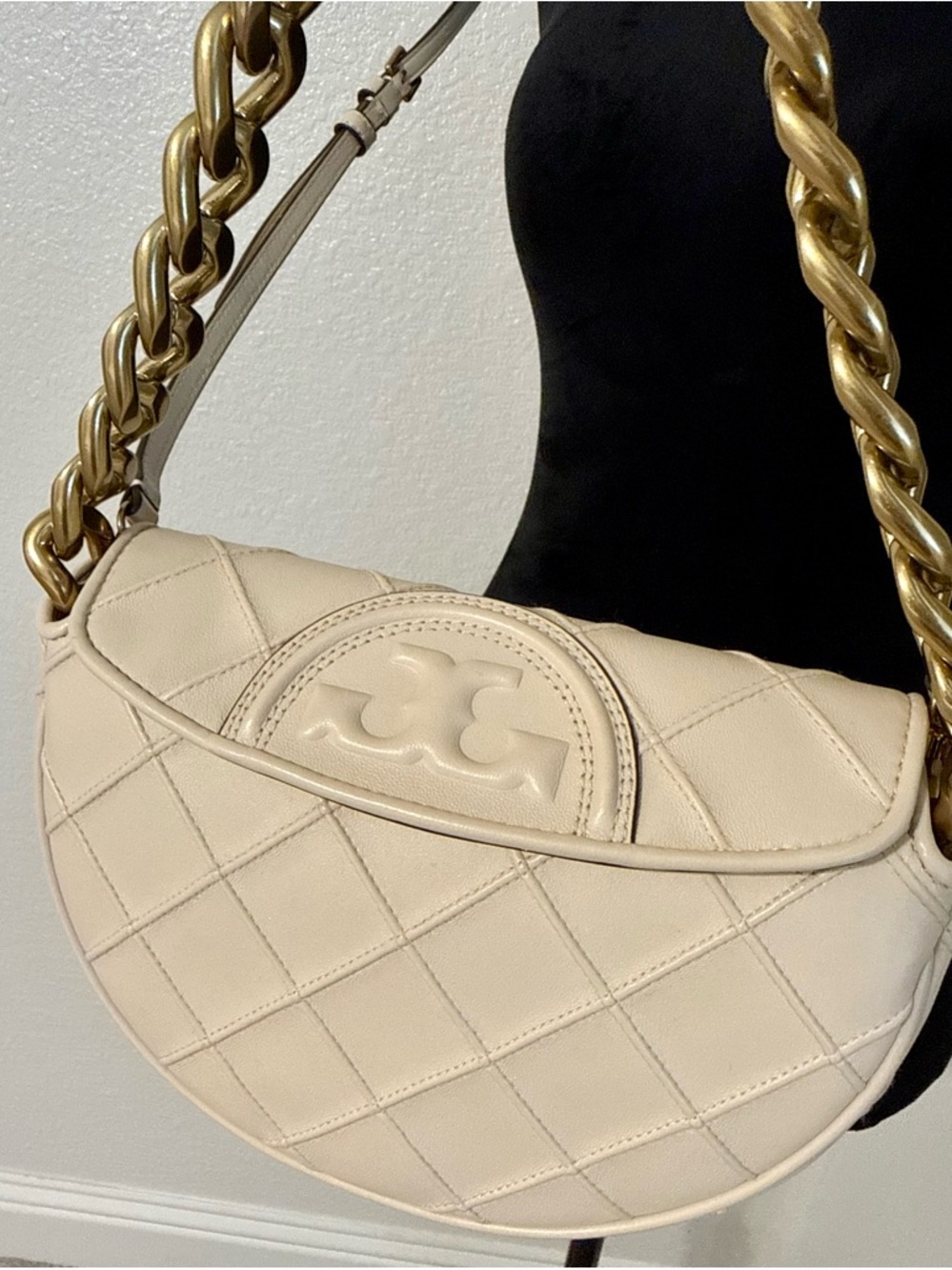 Tory Burch Cream Mini Fleming Crescent Bag with Gold Chain - Picture 3 of 17